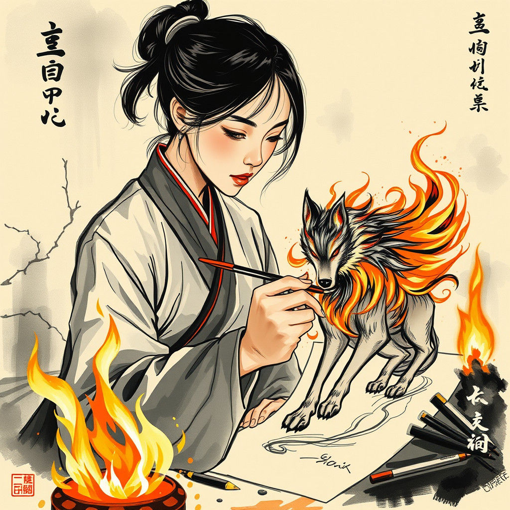 Fiery Wolf Sketch: East Asian Ink Art