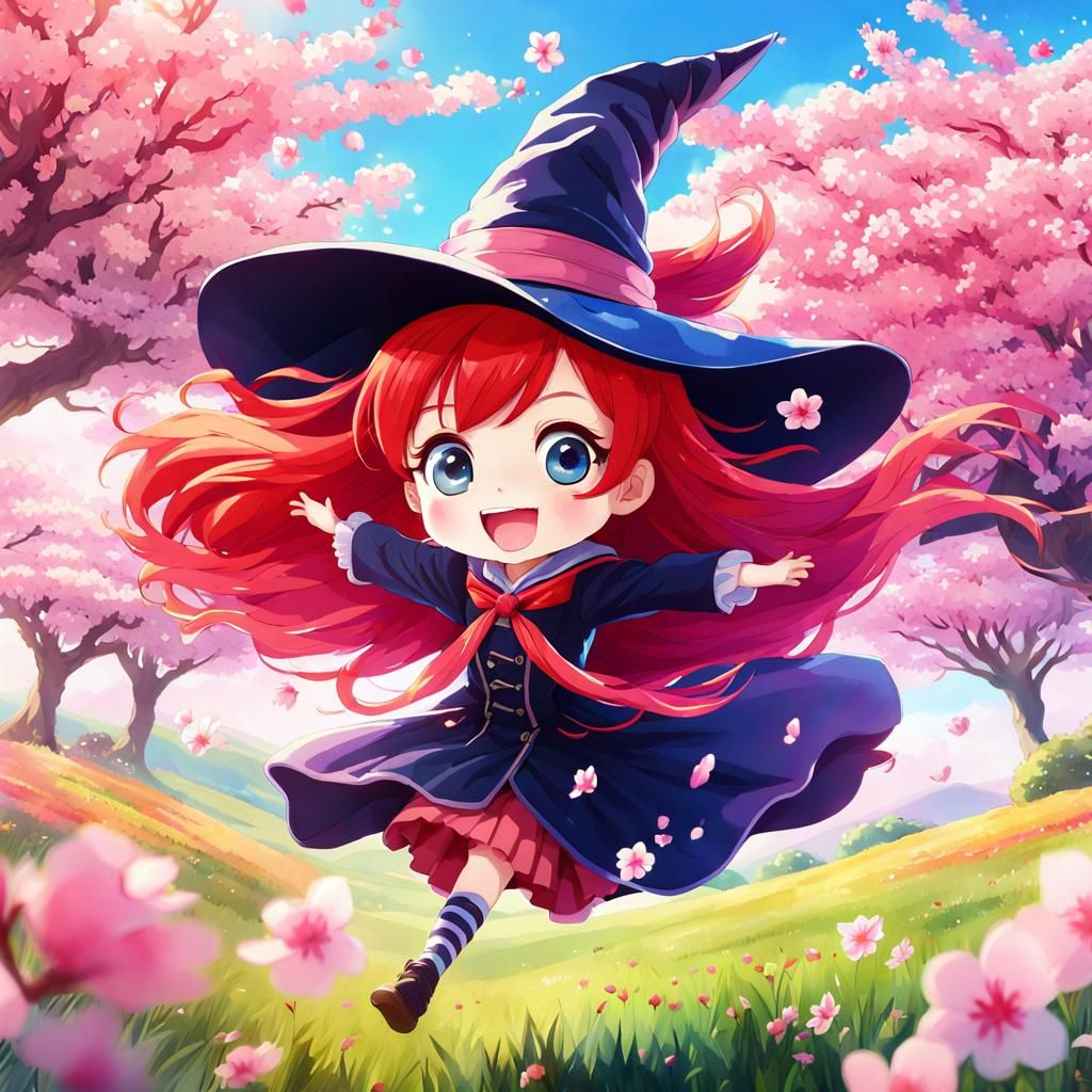 Adorable Anime Witch Jumps in Cherry Blossom Field