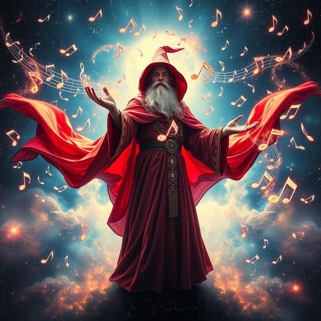 Musical notes surrounding a musical wizard with a bright red...