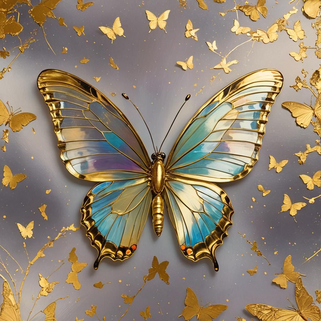 Opalescent Butterfly on Gold Background