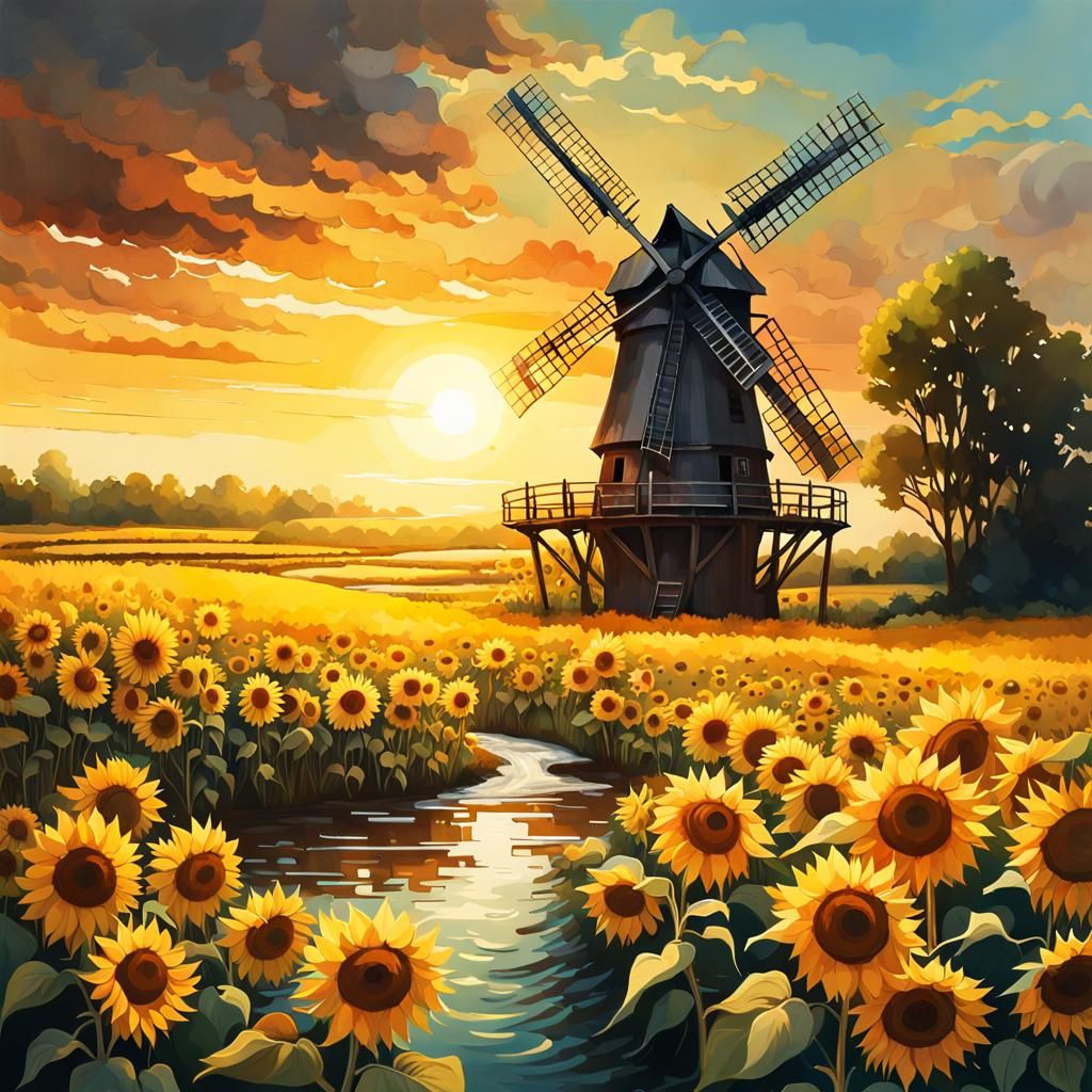 the river flows past an old windmill in the middle of a field of sunflowers