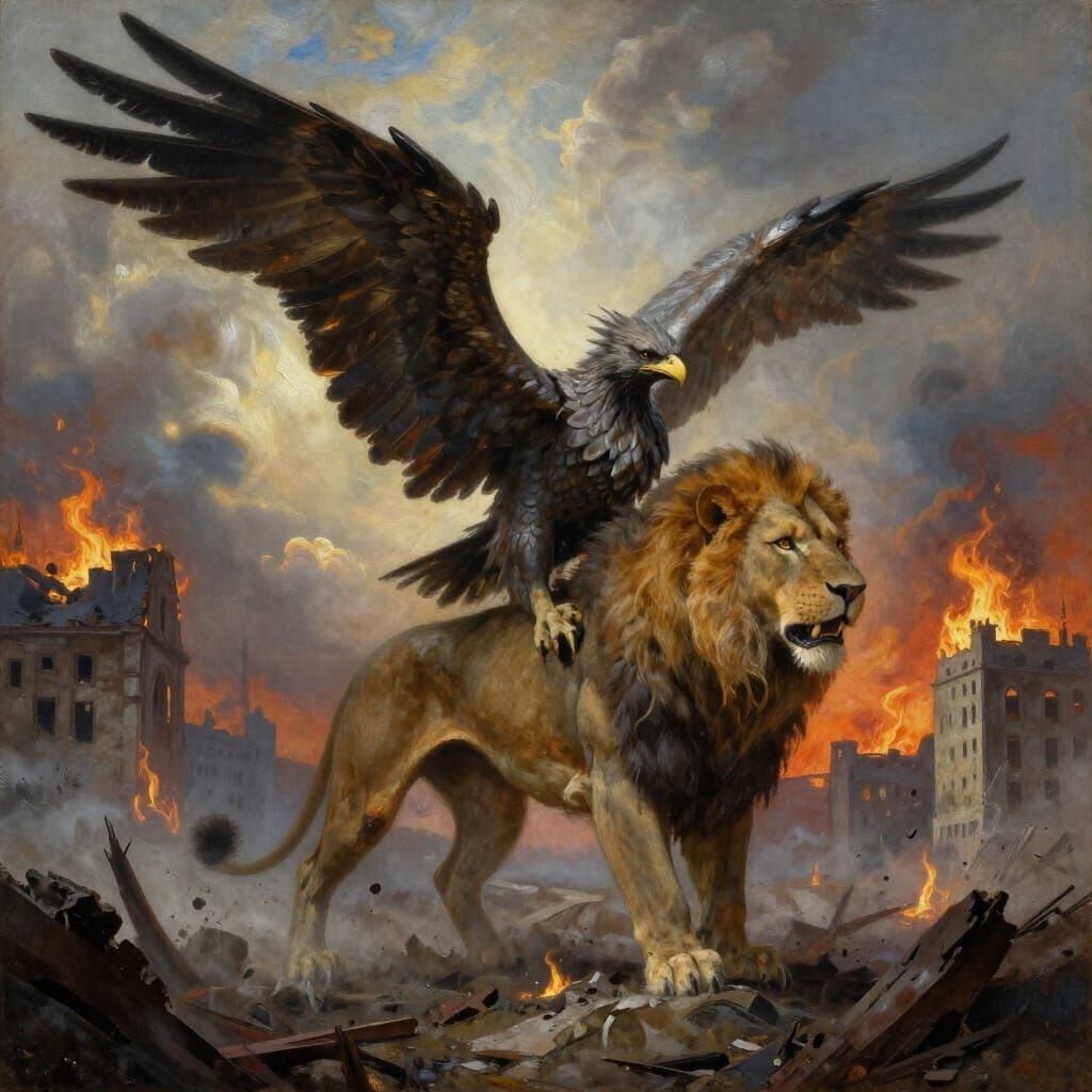 Majestic Chimera Over Ruined Cityscape