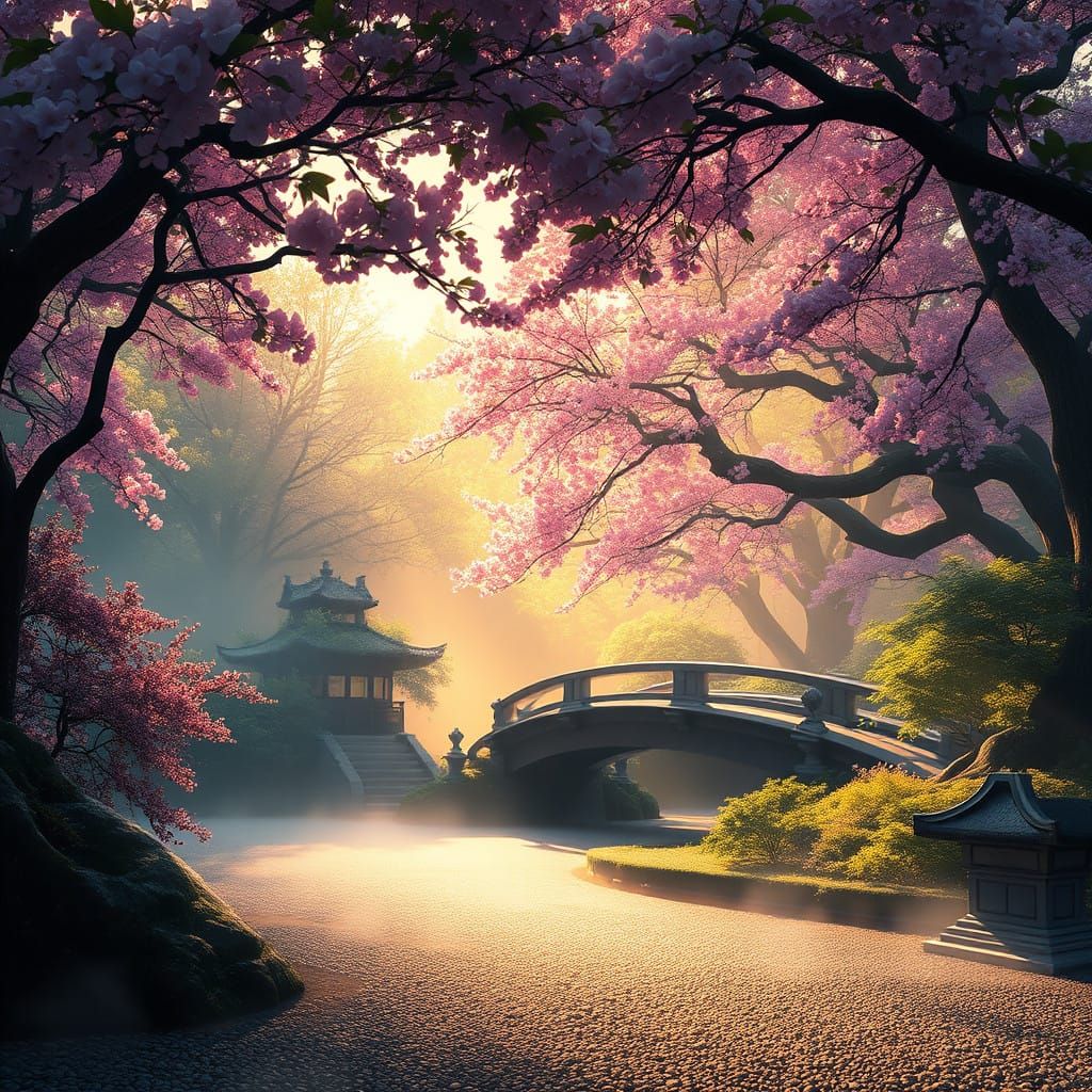 Surreal Japanese Garden in Vibrant Bloom
