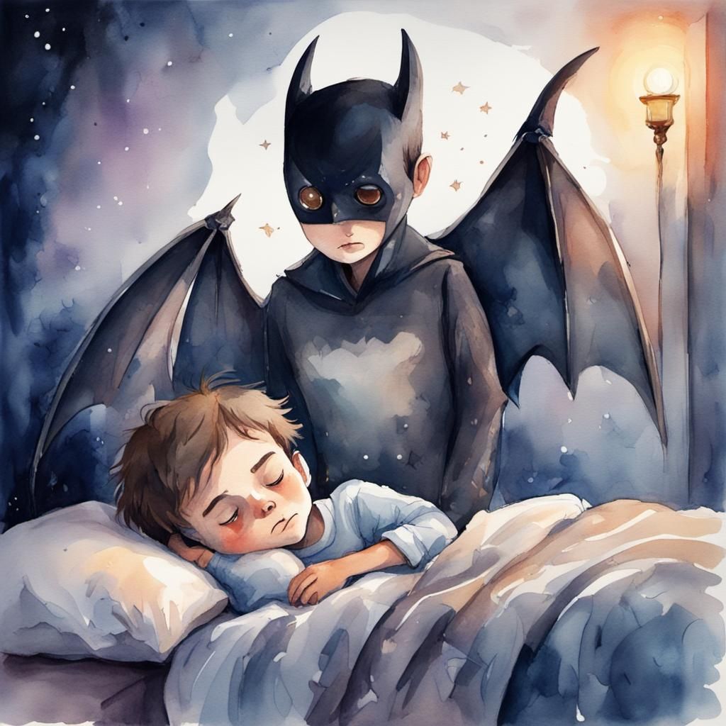 Watercolor Nightmare: Winged Man Watching Sleeping Child