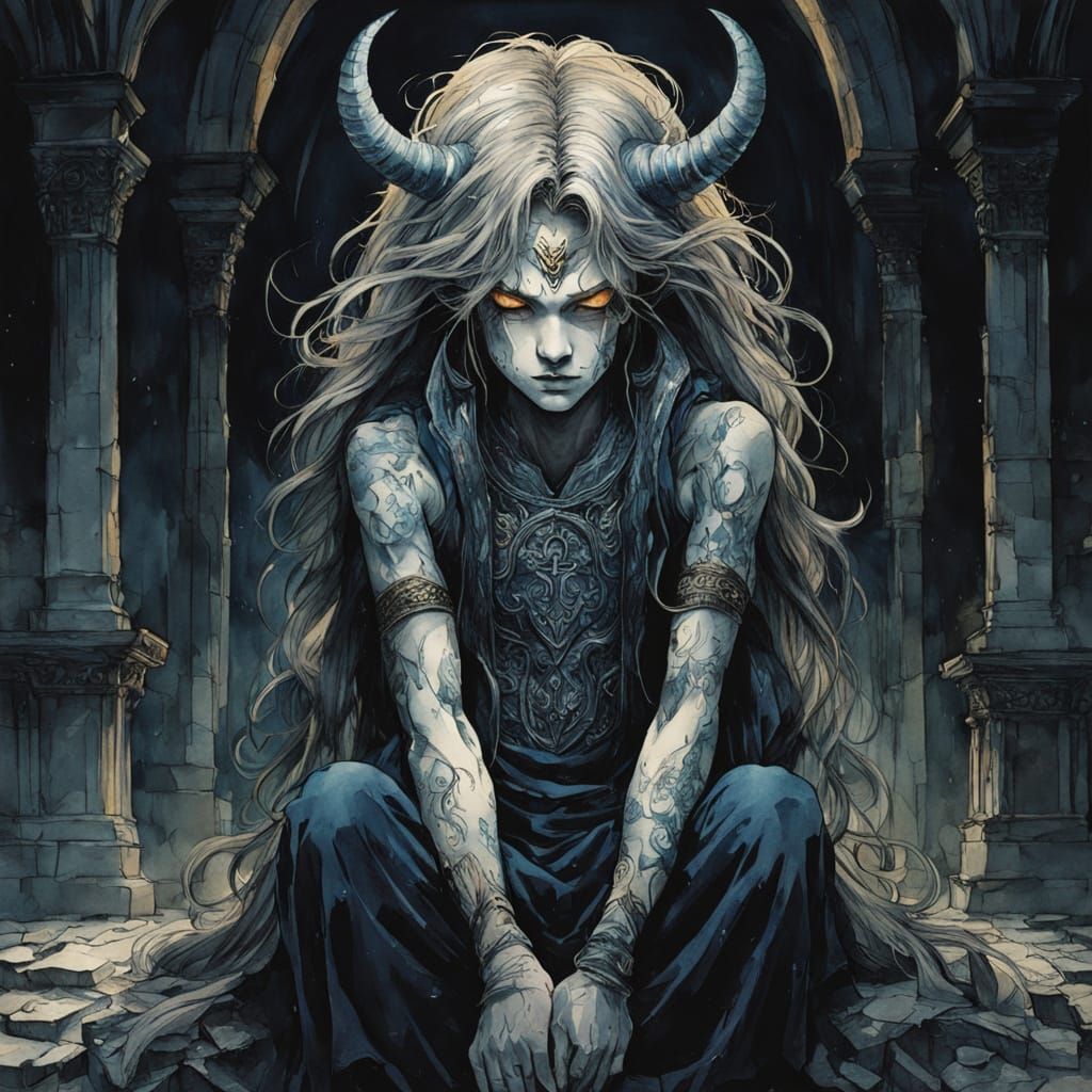 Demon in Ruined Cathedral: Manga-Style Fantasy Portrait