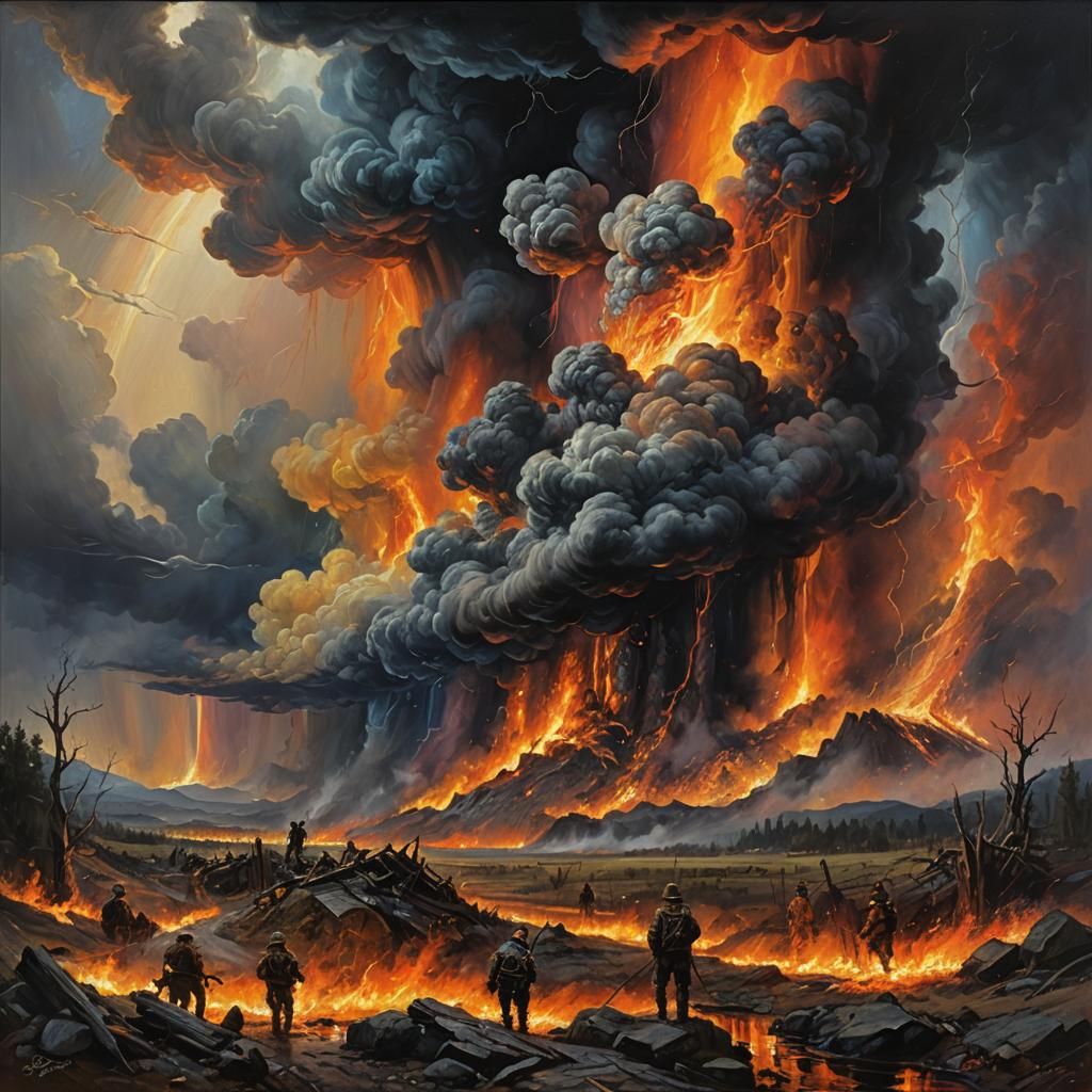 Rainbows Ignite Fires: Apocalyptic Oil Painting