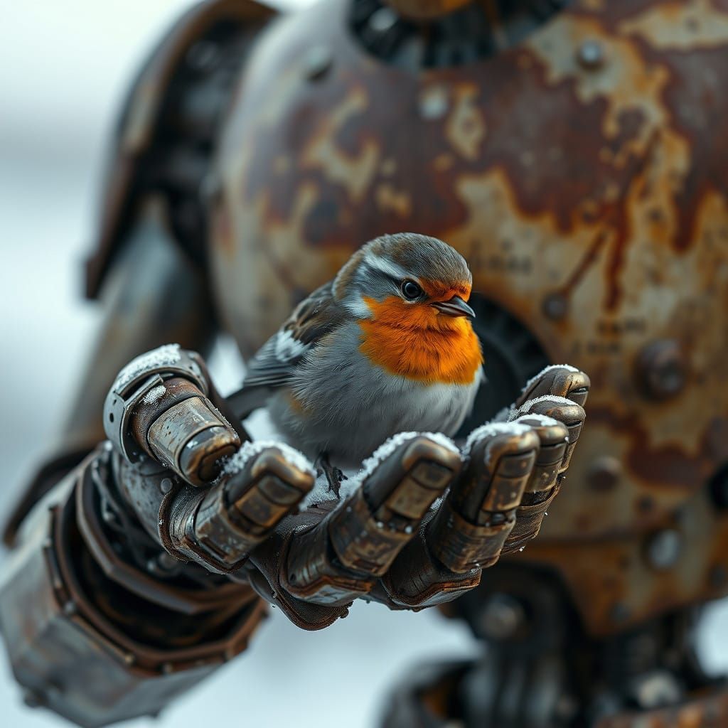Rusty Robot Tenderly Holds Frozen Robin