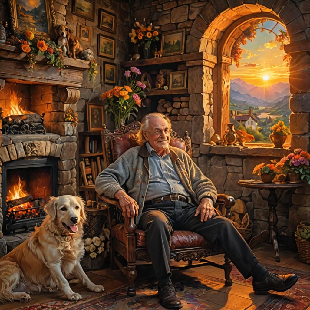 Elderly Man and Dog Relaxing by Fireplace