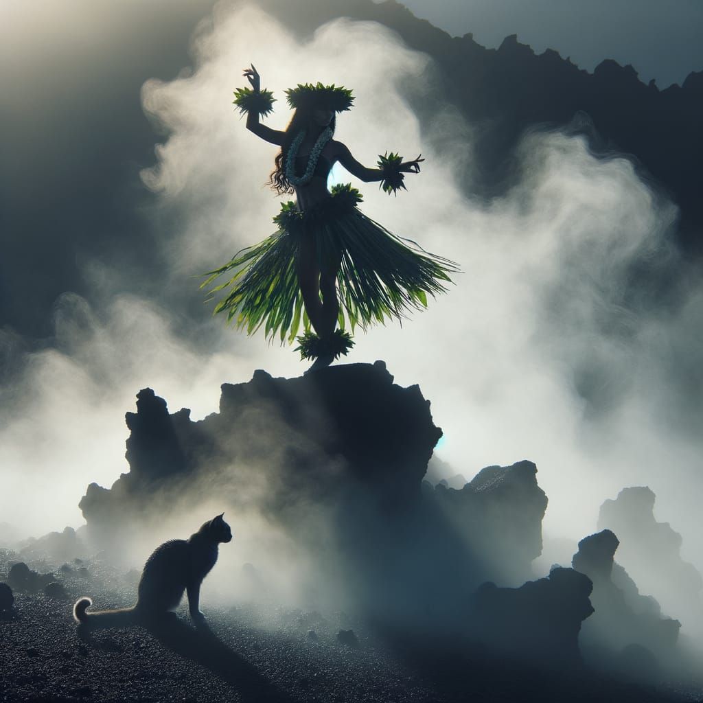 Mystical Hula Dancer in Volcanic Fog