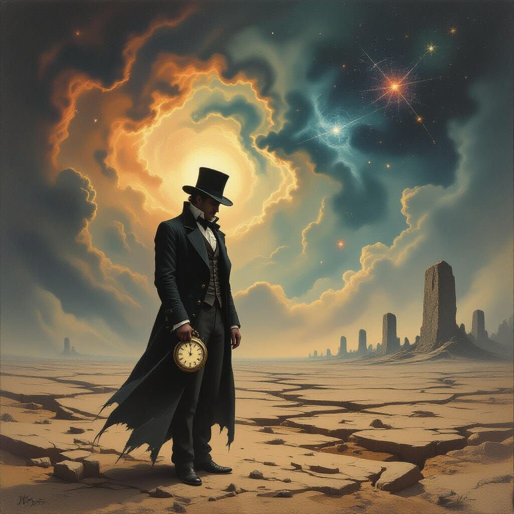 Victorian Gentleman on Cosmic Plain in Gothic Oil Painting S...
