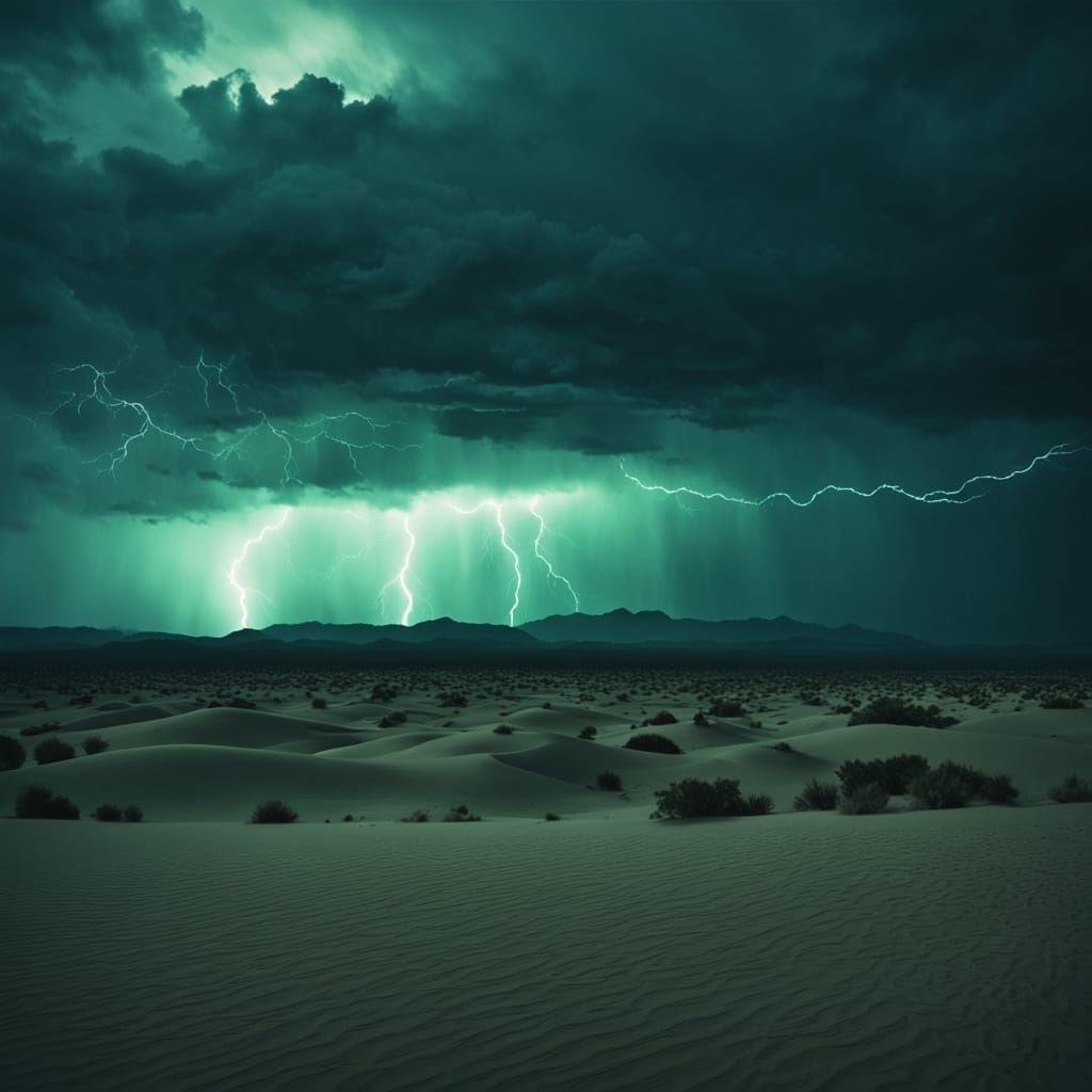 Emerald Green Lightning Illuminates a Desert Landscape in Ci...