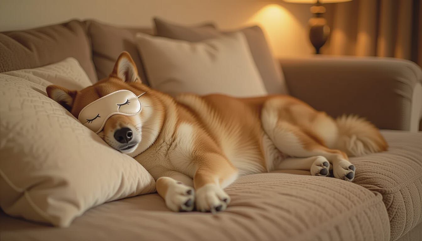 Doge Lounging with Sleep Mask in Cozy Room