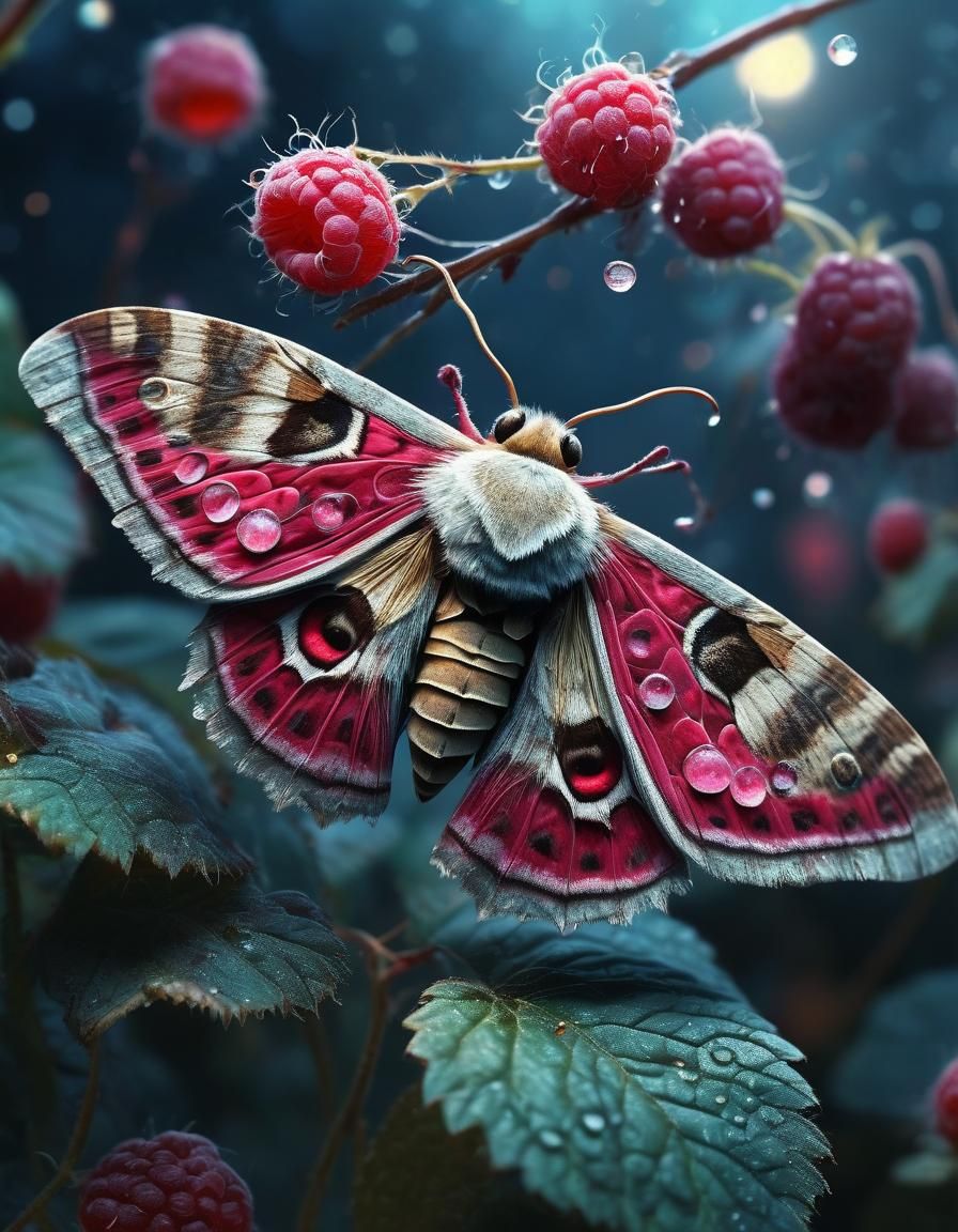 Moth and Raspberries in Ethereal Digital Art