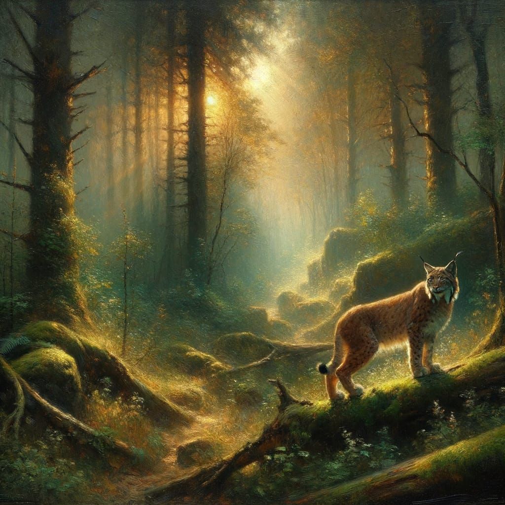 Impressionist Oil Painting of a Lynx in Misty Forest