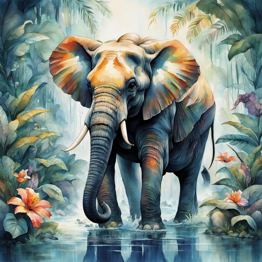 Majestic Elephant Family in Dreamy Tropical Paradise