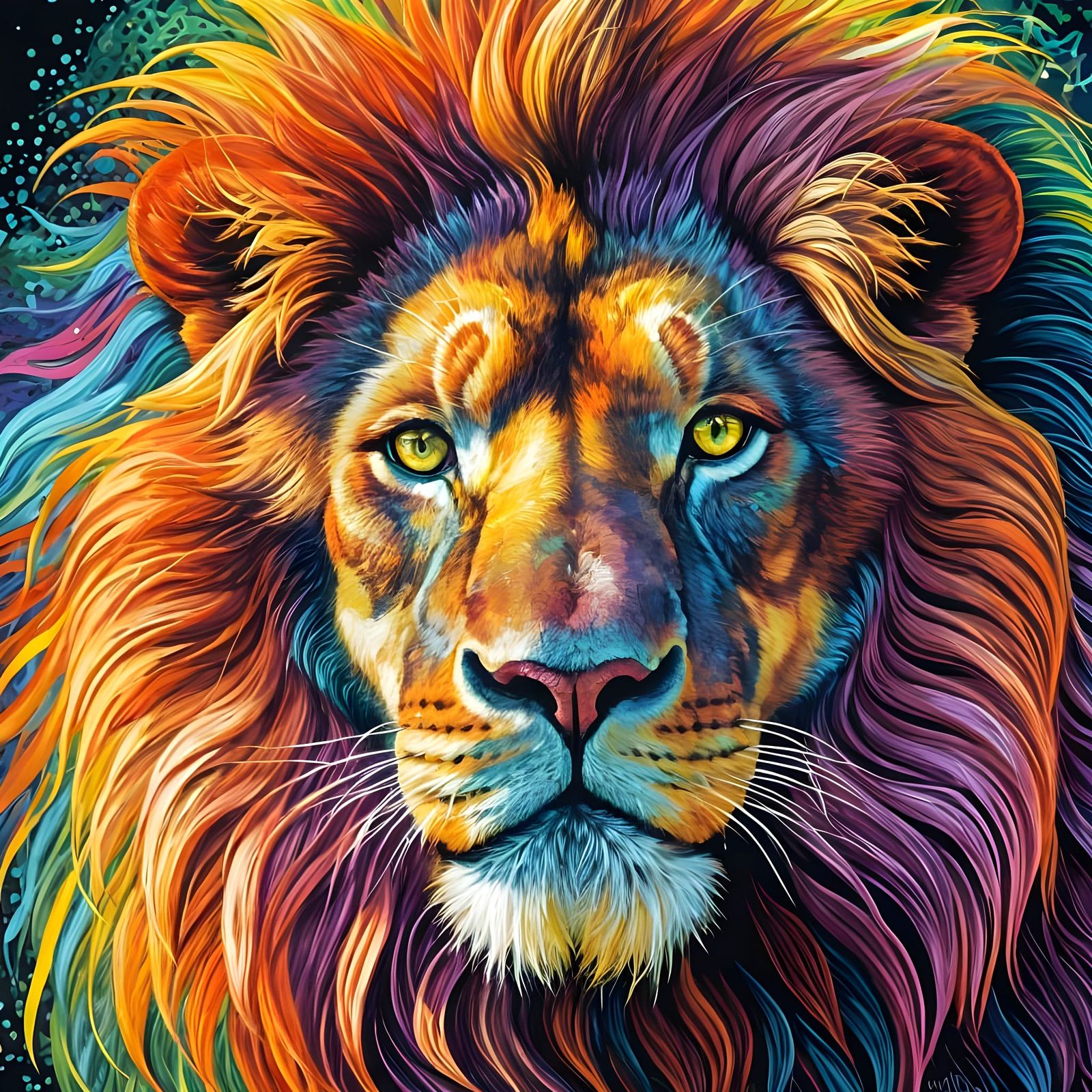 Vibrant Pointillism Lion with Glass-Like Face and Mowed Gras...