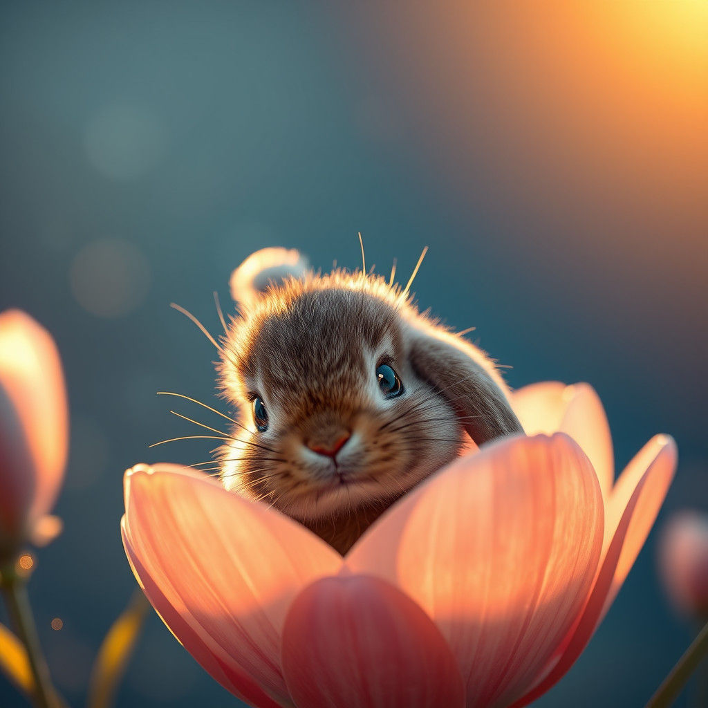 Baby Bunny with Blue Eyes in Flower, Fantasy Art