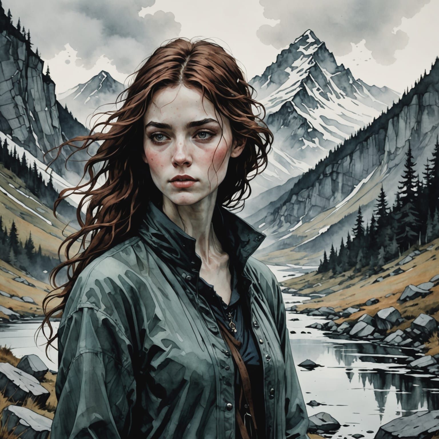 Woman Amidst Mountains in Storybook Style