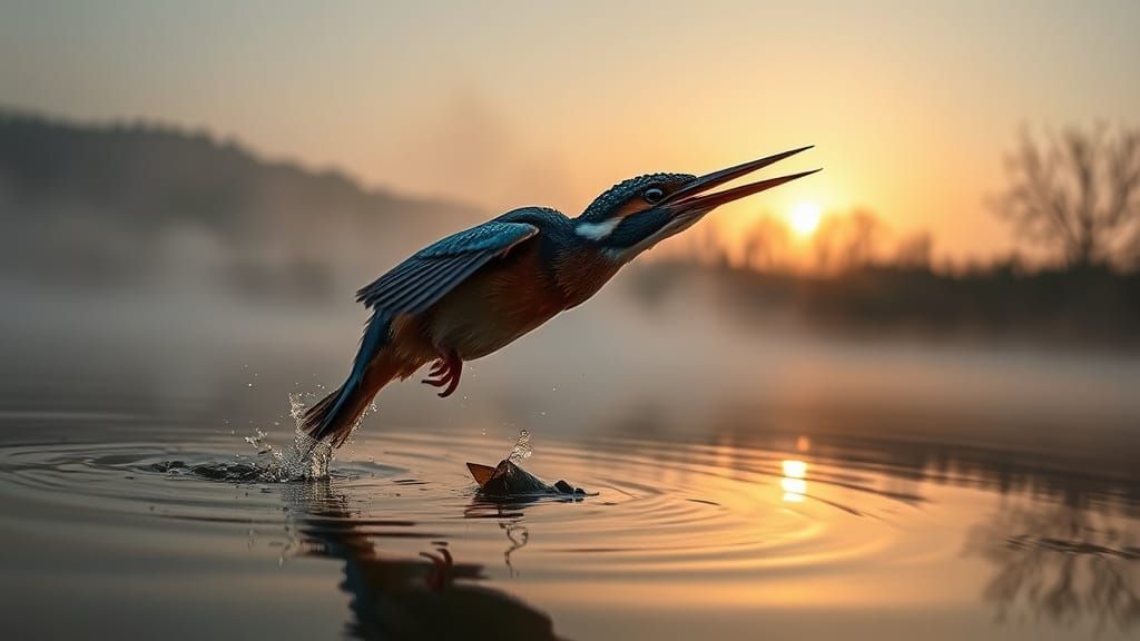 Kingfisher's Dramatic Dive in Rembrandt Lighting