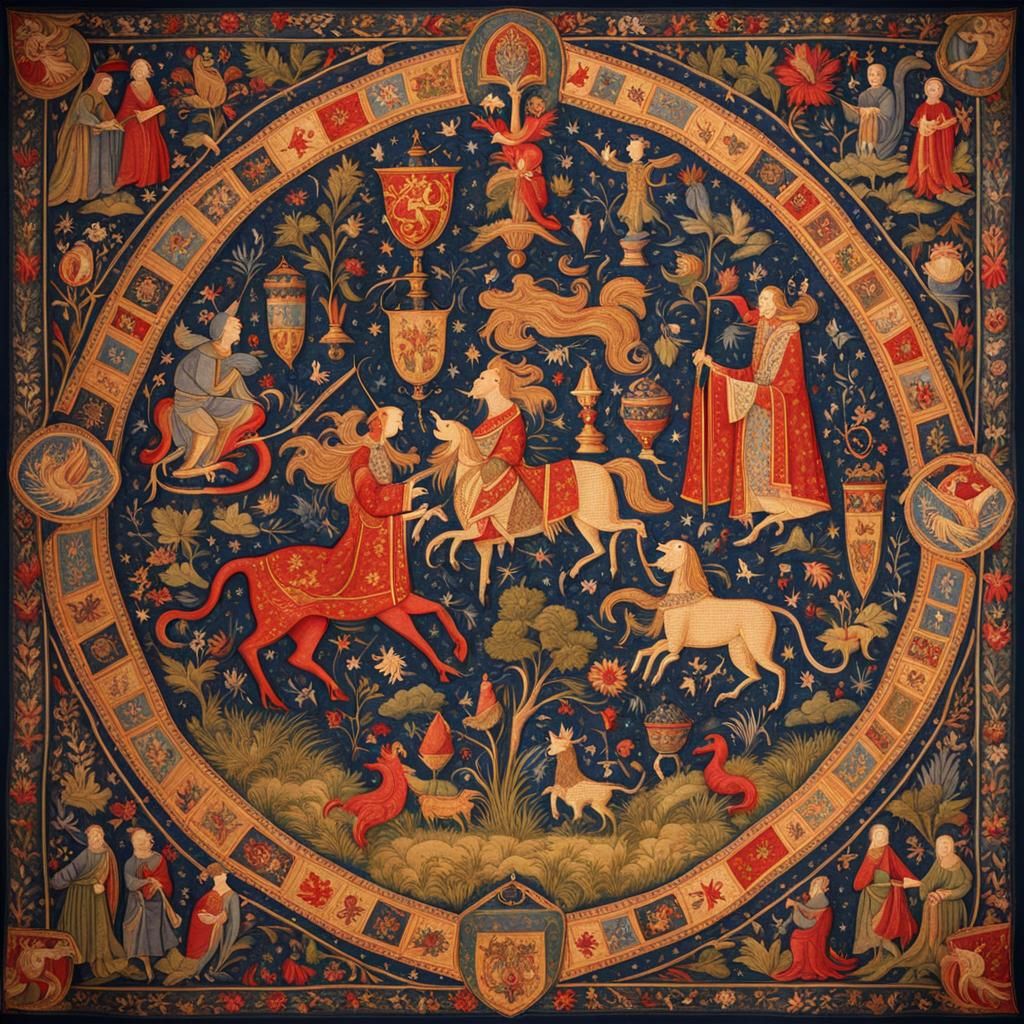 Medieval Tapestry with Heraldic Symbols and Creatures