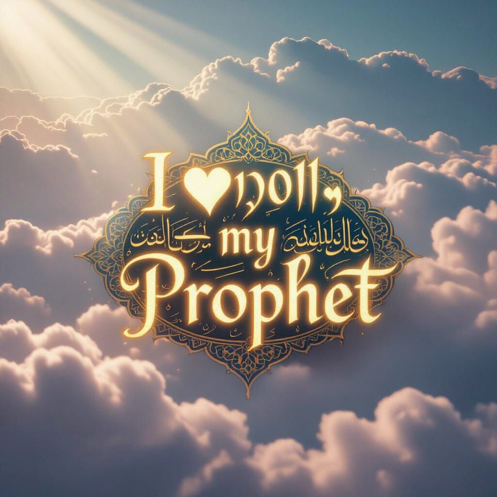 Islamic Calligraphy: I Love My Prophet in Golden Light