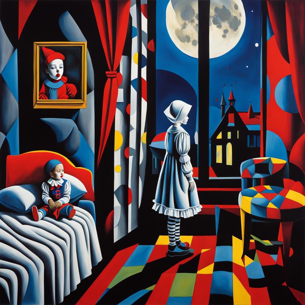 Cubist Pierrot at Girl's Bedside in Jacob Lawrence Style