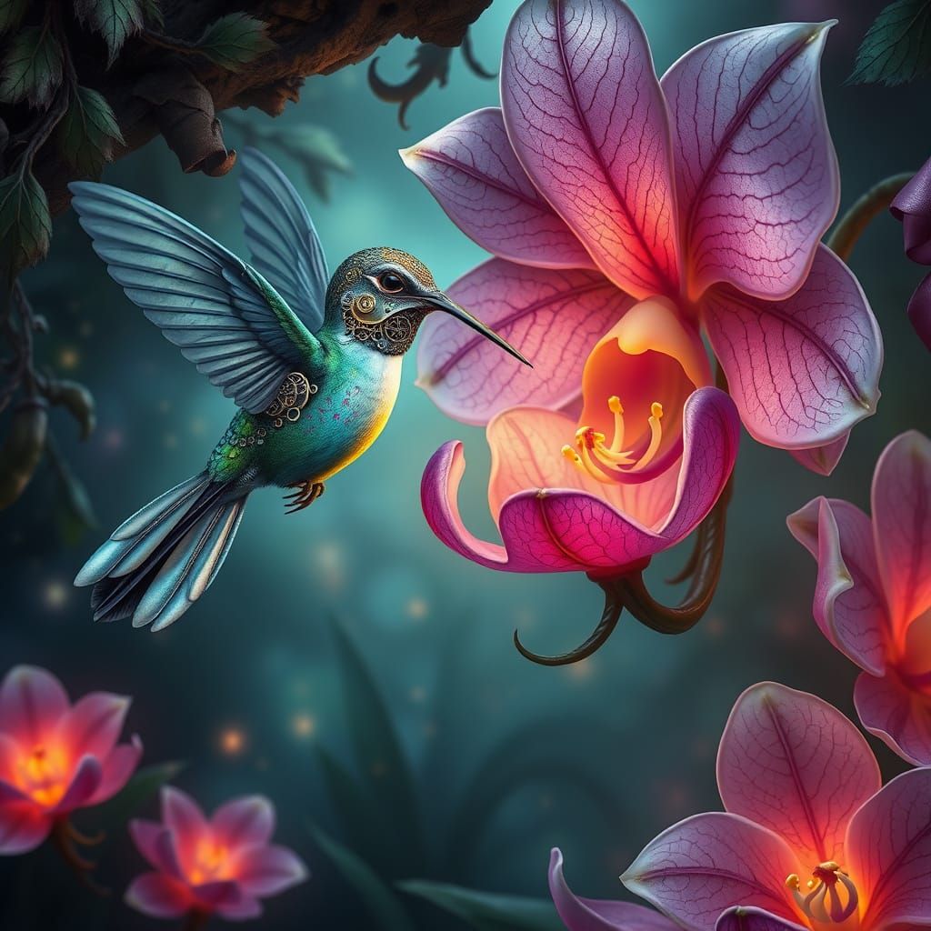 Clockwork Hummingbird in Bioluminescent Underground Garden