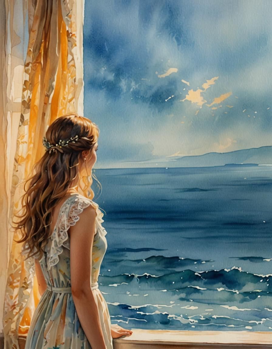 Girl Gazing at Sea: Whimsical Watercolor Portrait