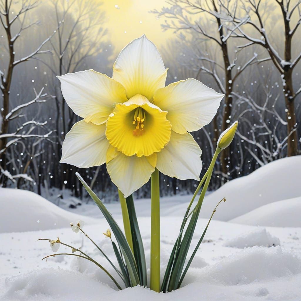 Whimsical Daffodil Emerge from Winter Snow in Yellow and Whi...