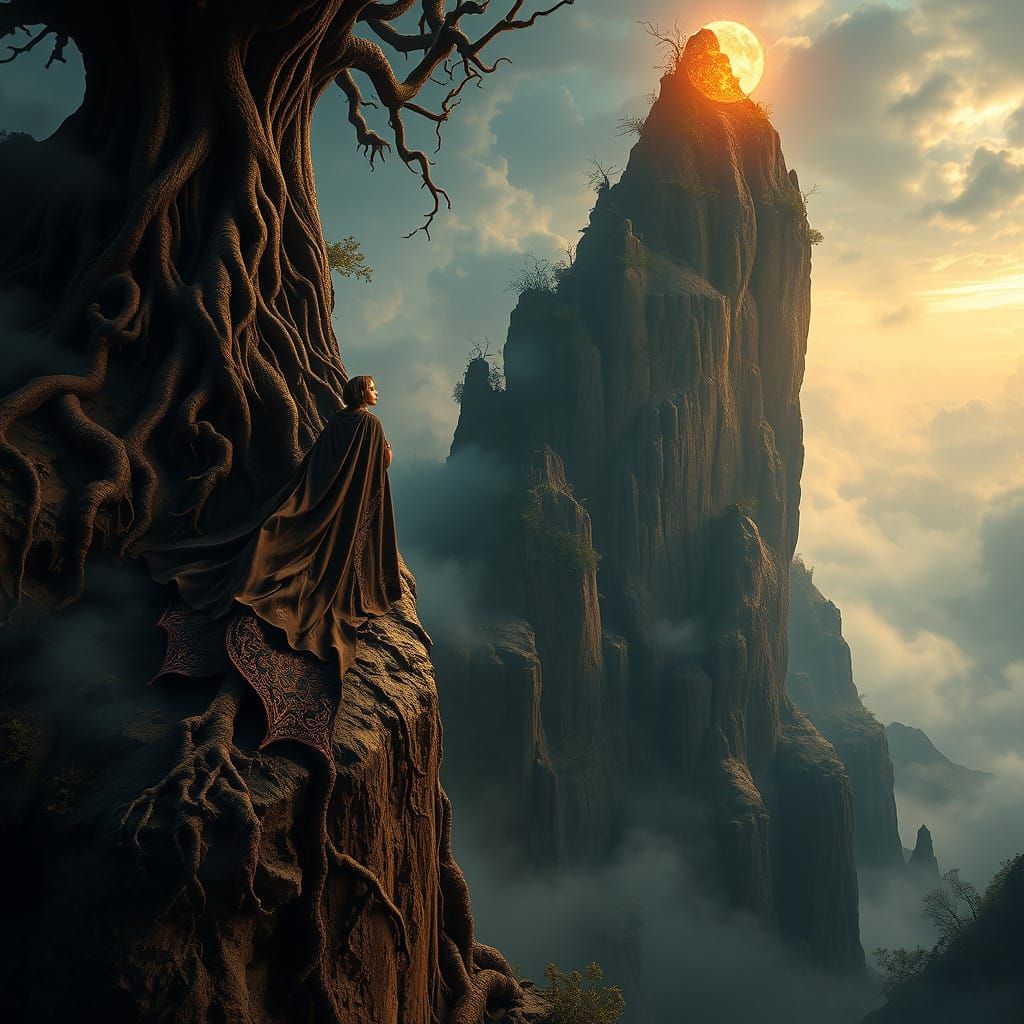 Ethereal Warrior Ascends Towering Cliff in Dreamlike Landsca...