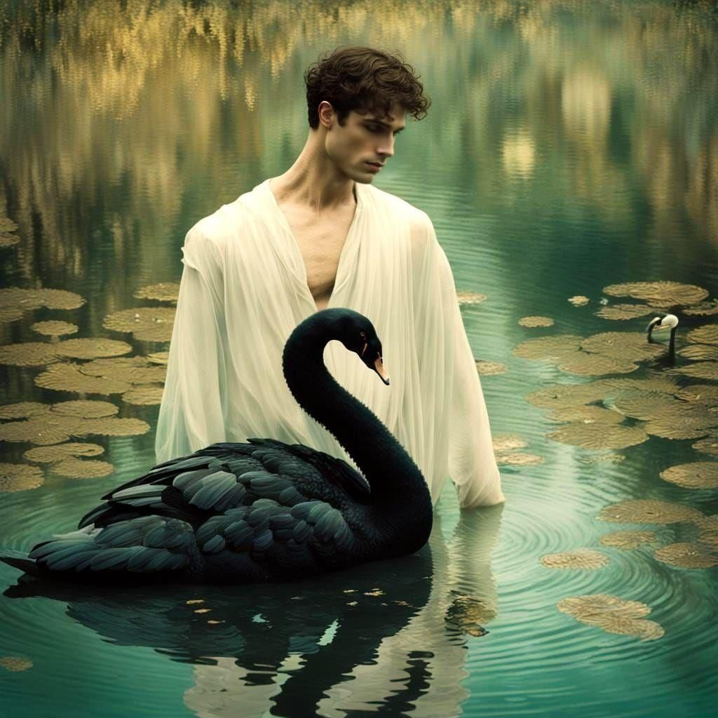 Chiseled Male Form Amidst Majestic Black Swan and Water's Ed...