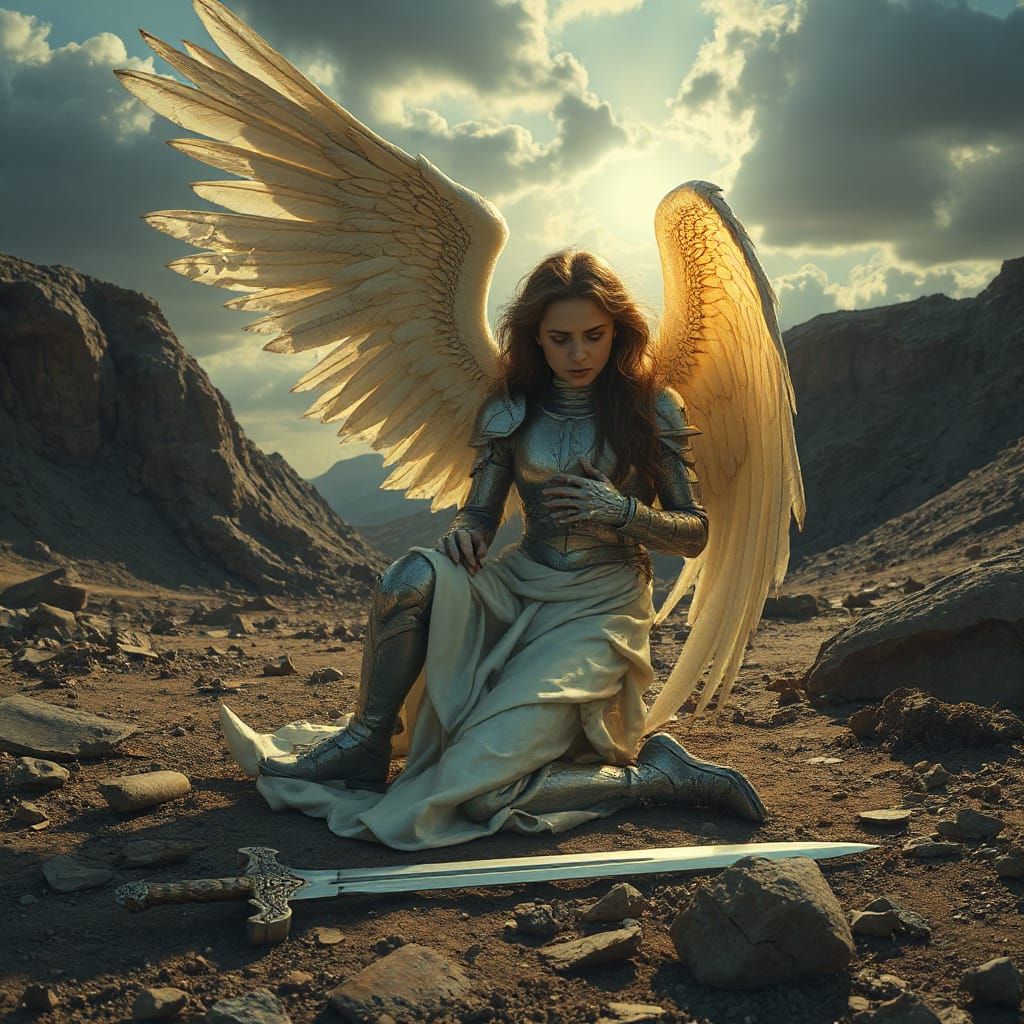 Fallen Angel in Desolate Crater: Dark Surrealism