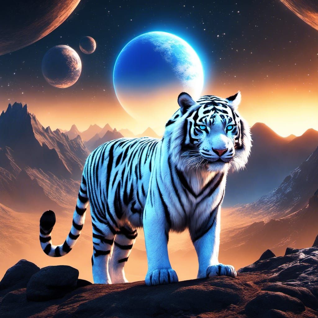 White Tigers Under a Starry Sky in Gothic Art