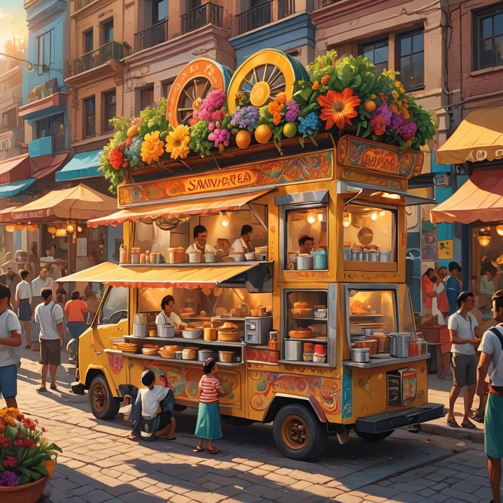 Vibrant Street Food Scene with Shawarma Truck