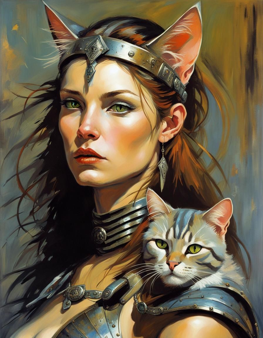 Fantasy Cat-Human Warrior Acrylic Painting