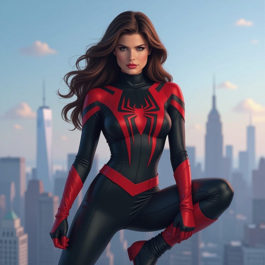 Spider-Woman Posing Heroically in Cityscape