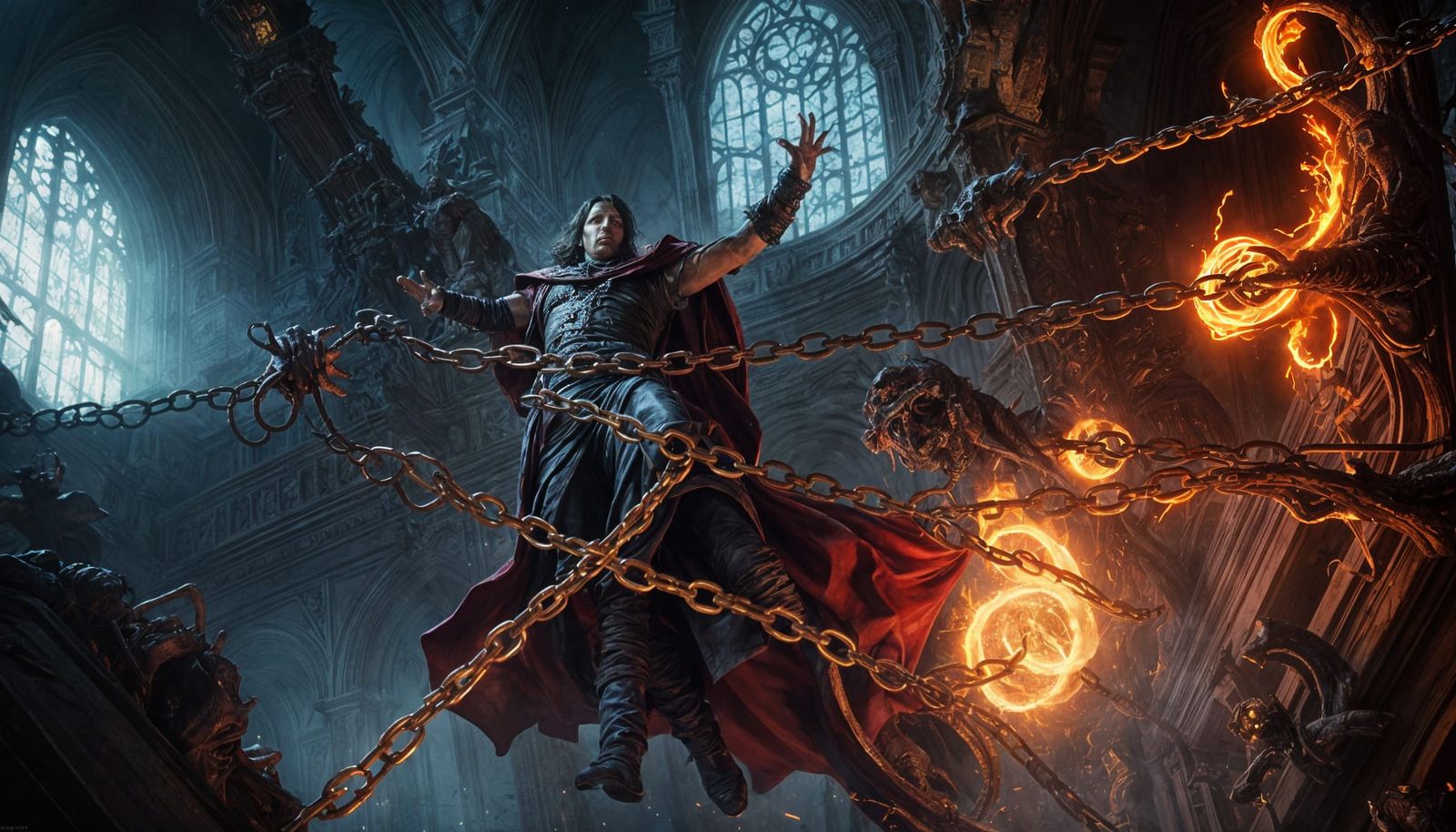 A sorcerer supreme held by demon chains, scar flesh ridden h...