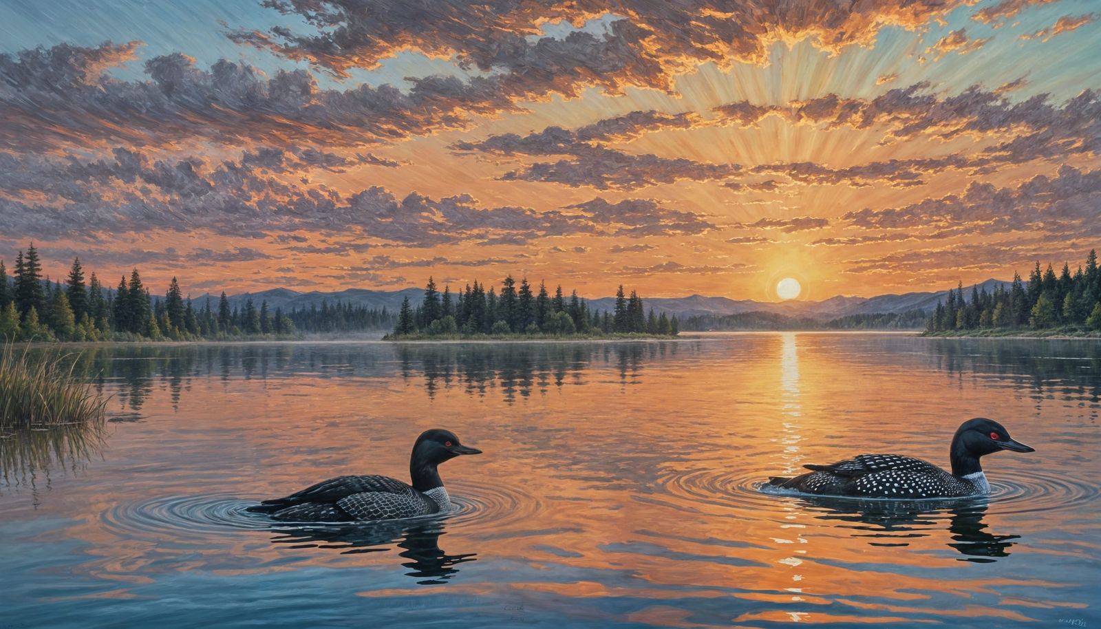Loons on Lake at Sunset: Oil Painting