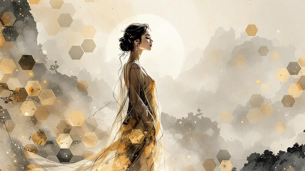 Persian Pin-Up with Honeycomb Overlay in Sumi-e Style