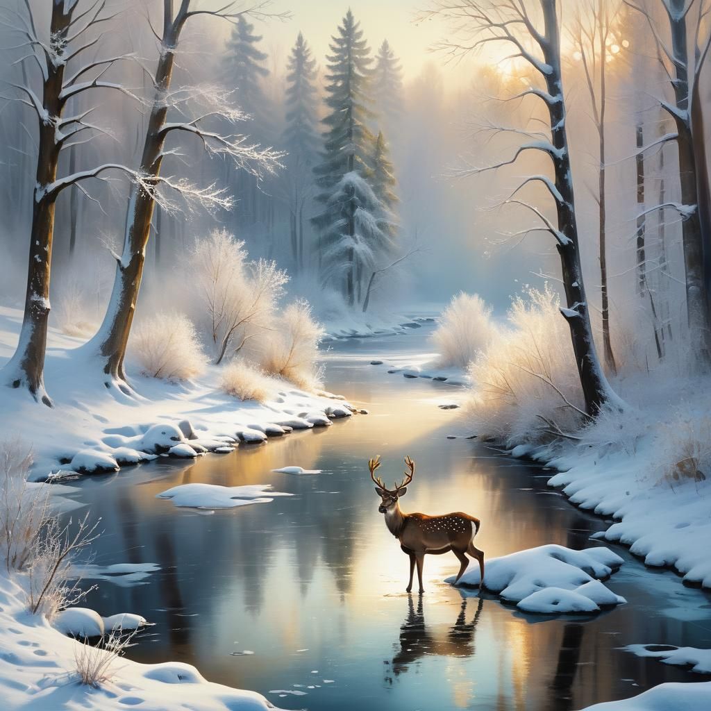 Woman and Deer in Winter Forest Oil Painting