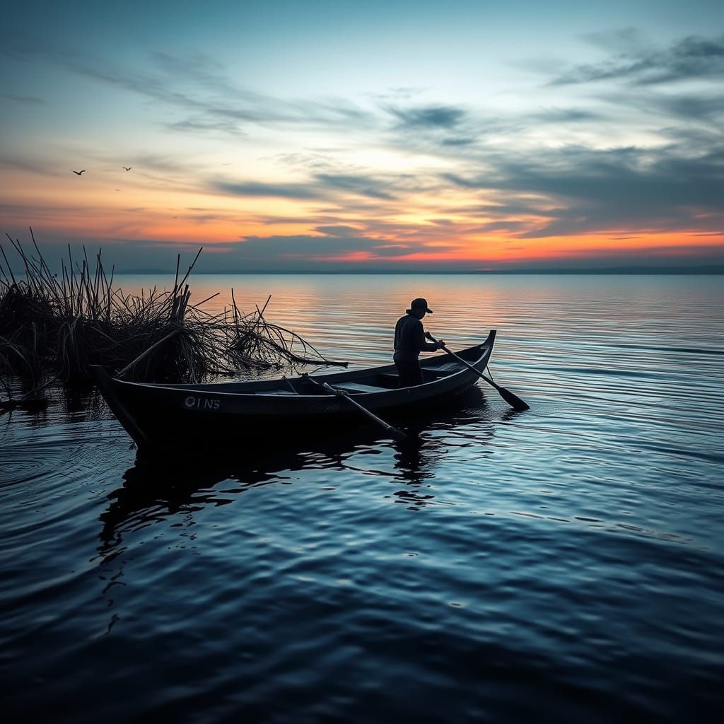 Lone Fisherman in Wooden Boat at Dawn, Hyperrealistic