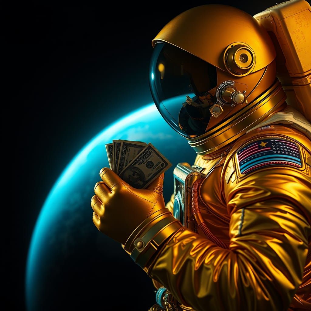 Astronaut in Gold Suit Counting Money in Space