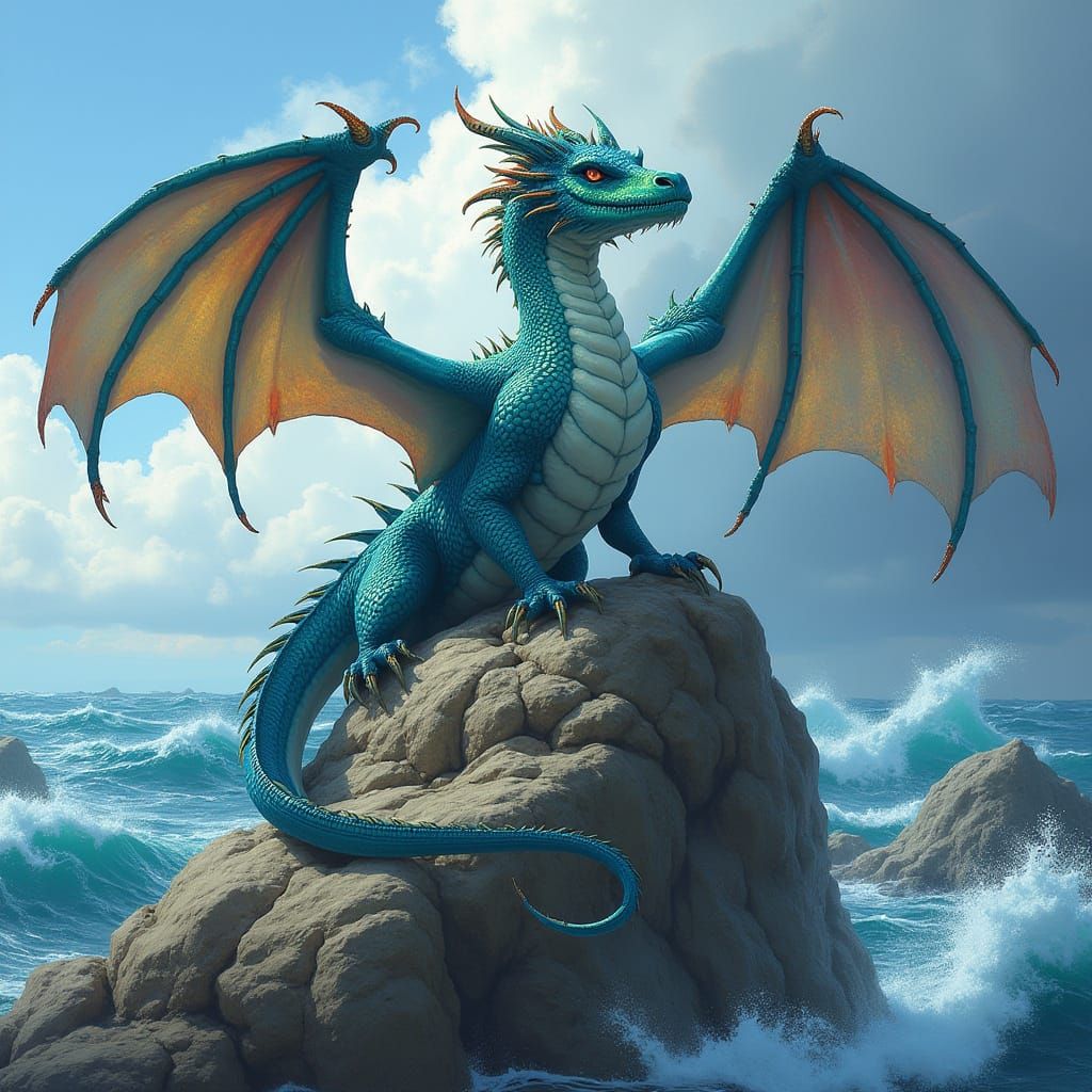 Majestic Seawing Dragon Perched on Weathered Rocky Outcroppi...