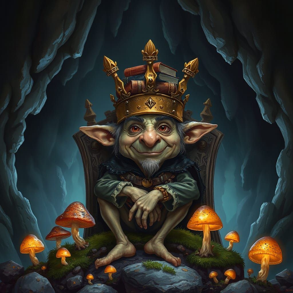 Goblin King with Book Crown in Dim Cavern
