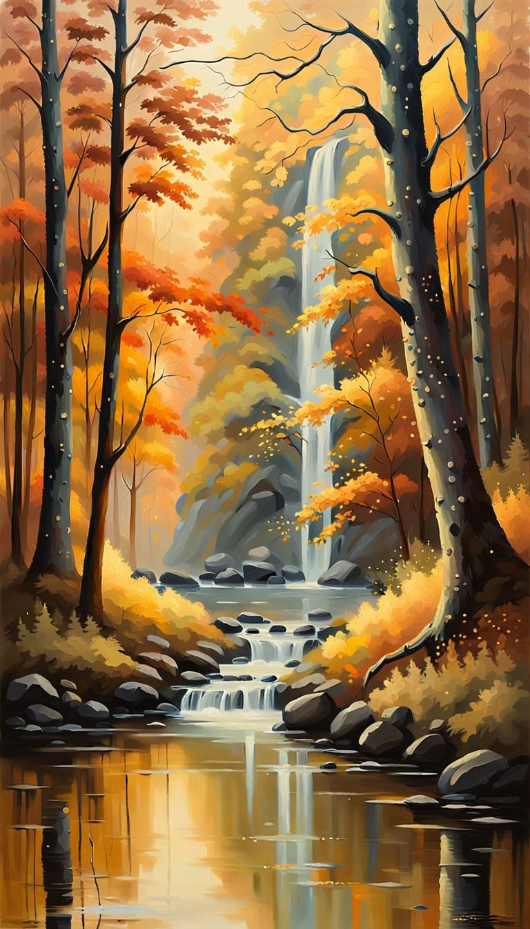 Impressionist Autumn Landscape with Waterfall at Dusk