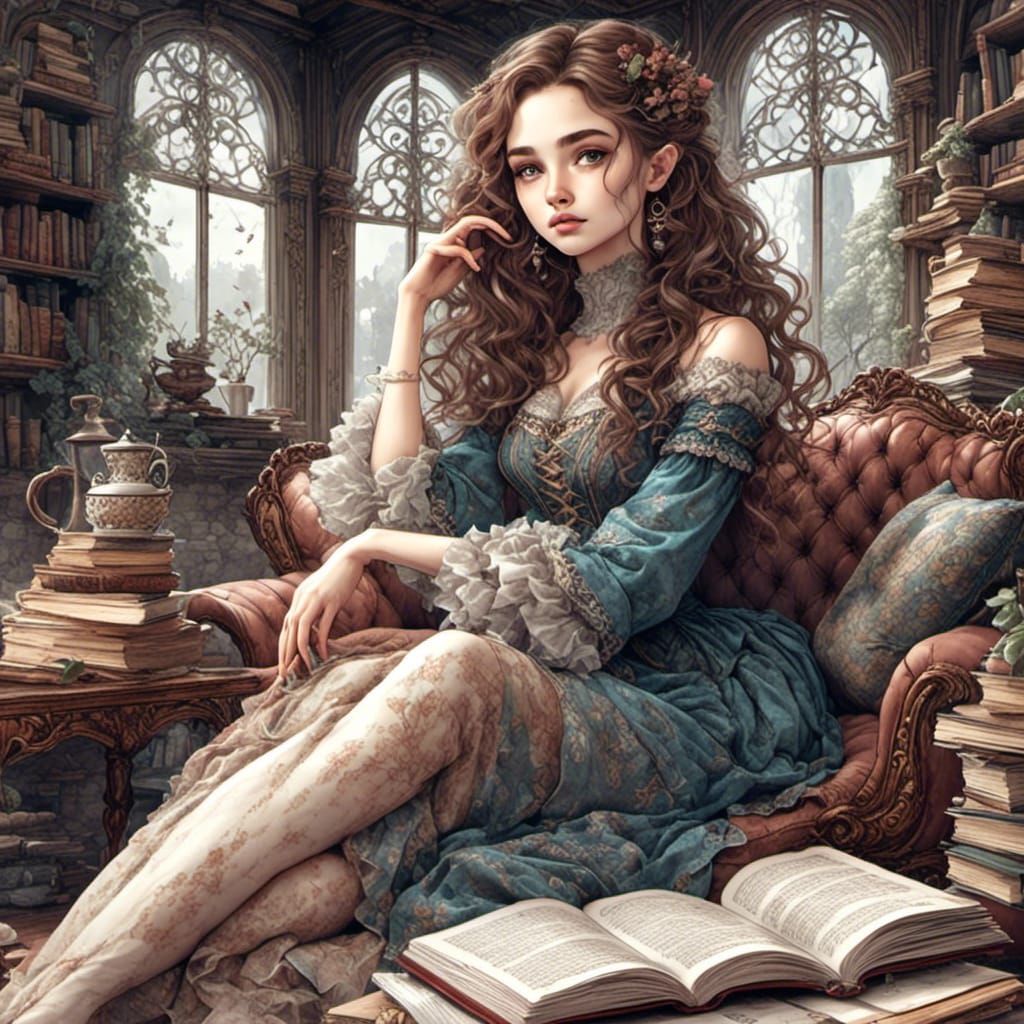 Elegant Woman Lounging in Library with Coffee