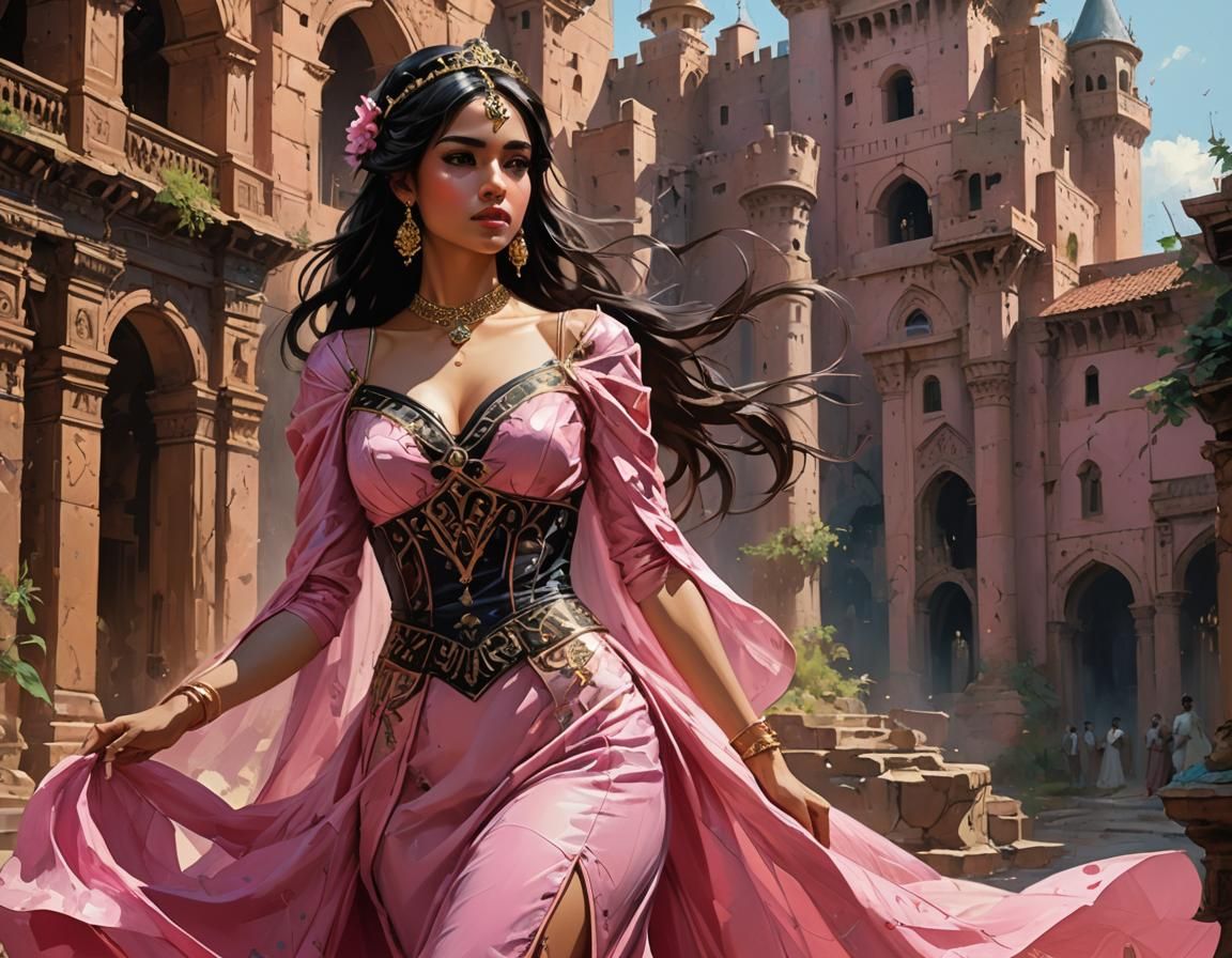 {Hyper Detailed Gorgeous Arabian princess wearing an elegant long pink dress with black trim} ((( Hourglass figure, Carn...
