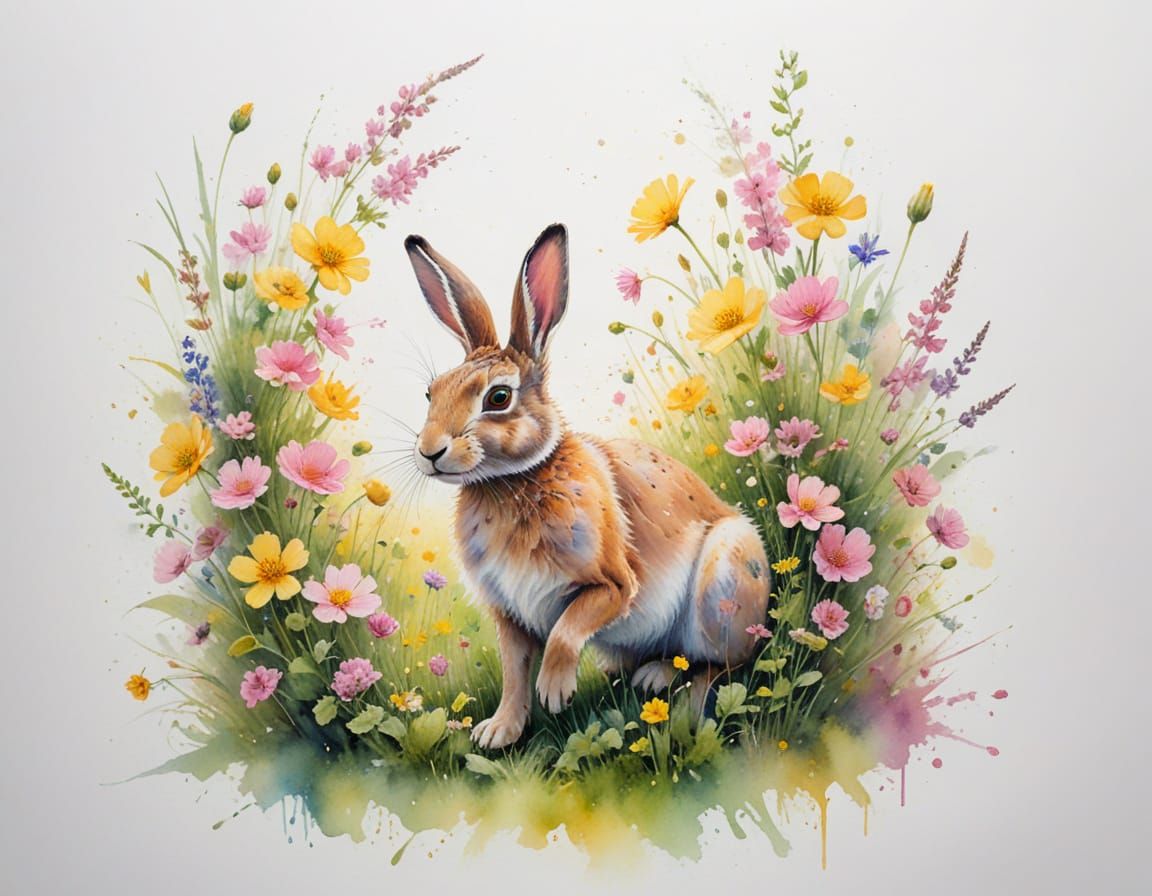 Gentle Hare Leaping Through Buttercups in Pastel Sunlight