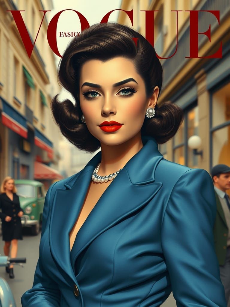 1950s Fashion Cover: Elegant Woman in Blue Satin