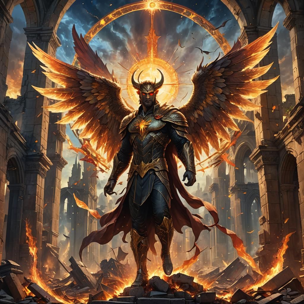 Lucifer Morningstar in Burning City, Oil Painting